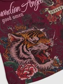 ROMWE Grunge Punk Women's Letter & Tiger Print Fitted Versatile Top - Burgundy - View 4