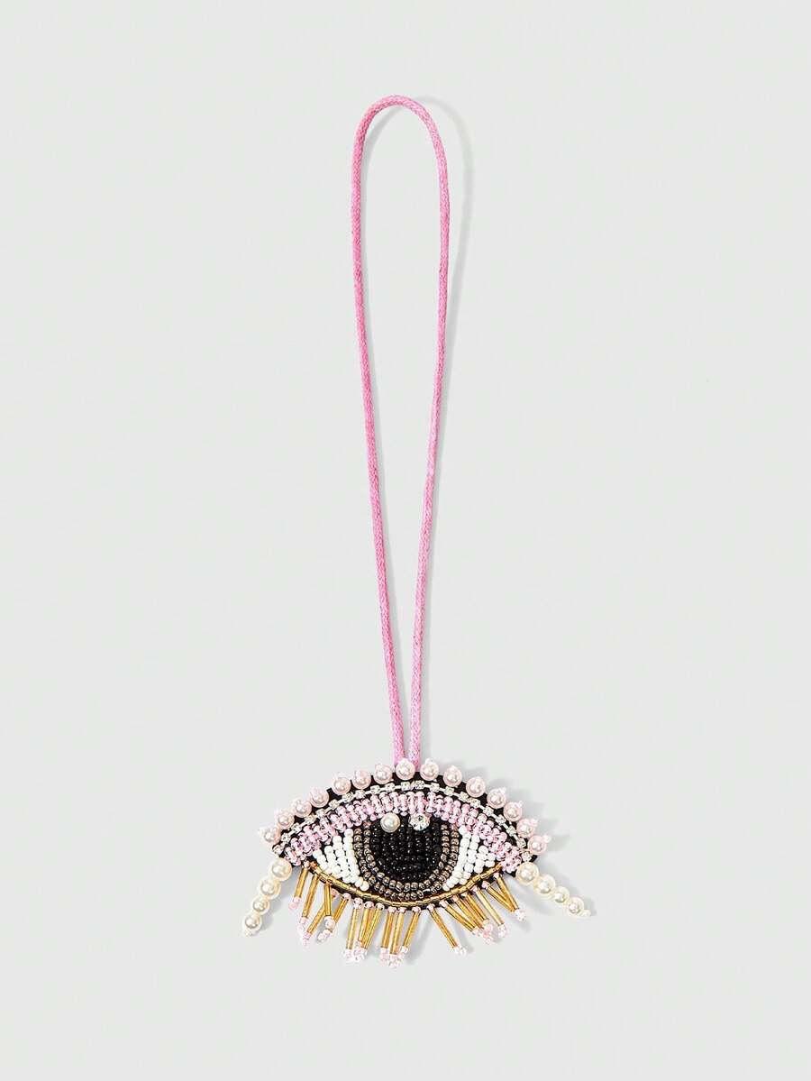 ROMWE Grunge Punk Tali Gantungan Mata Manik-Manik Buatan Tangan Warna Pink, Rumbai Bulu Mata Mutiara dan Berlian Imitasi untuk Tas, Liontin Kecil Dekoratif untuk Resleting Ransel Anak Perempuan. - bedak tabur - View 1