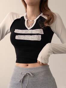 DAZY Women's Letter Pattern Colorblock Casual Everyday Long Sleeve T-Shirt - Black and White - View 5