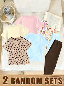 Elladie kids (Random Pattern, 2 Set Random) Girls Fashion Colorful Floral Rainbow Leopard Print Little Rabbit Long Hair Princess Graphic Print Basic Short T-Shirt And Leggings Set, 6 Pieces - Multicolor - View 2