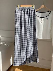 Comfortcana Women's Drawstring Waist Plaid Casual Versatile Daily Travel Long Pants - Navy Blue - View 2