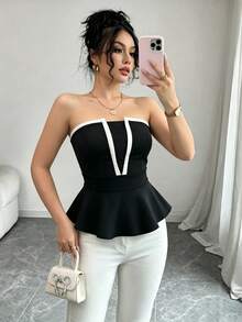SHEIN Raffinéa 女士撞色滚边优雅荷叶边抹胸上衣 - 黑色 - 查看 1