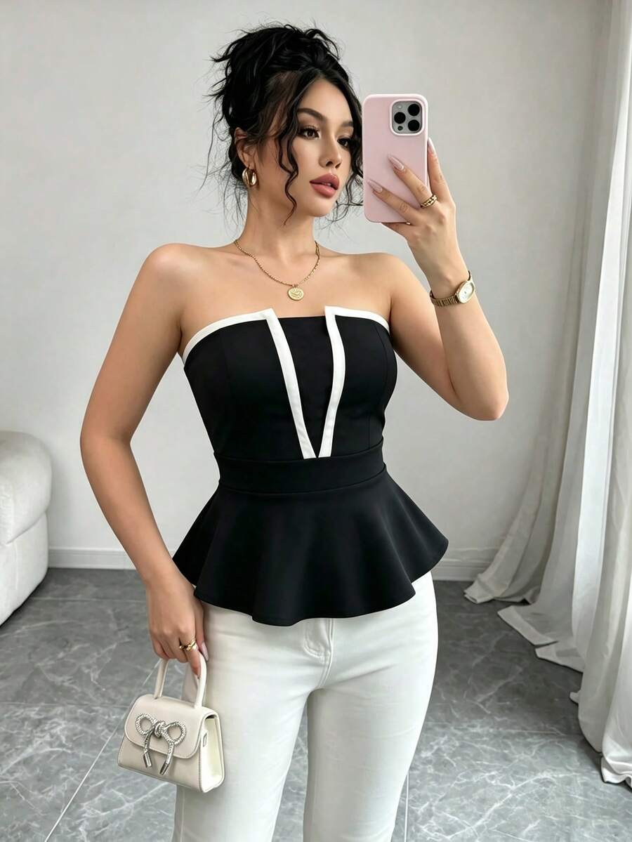 SHEIN Raffinéa 女士撞色滚边优雅荷叶边抹胸上衣 - 黑色 - 查看 1