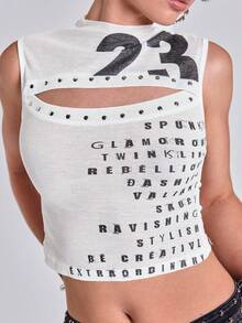 ACID BLVD Atasan Crop Top Wanita Retro Seksi Gaya Pioneer Berongga dengan Logo Digital Cetak Inggris dan Hiasan Kancing untuk Musim Semi/Panas - Putih - View 1