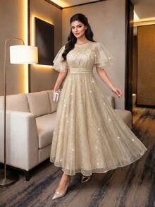 Auveirra Plus Size Women's Elegant Champagne Sequin Waist-Cinched Evening Dress For Party And Bridesmaid Sequin Dress Formal Dress Elegant Dresses For Summer - Gold - View 10