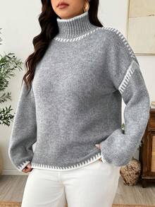 Weeklong Plus Size Contrast Color High Neck Long Sleeve Slouchy Commute Autumn/Winter Versatile Knit Sweater Thickened - Grey - View 4