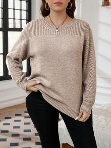 SHEIN LUNE 大码女式纯色圆领长袖休闲套头毛衣秋冬季 - 卡其色 - 查看 4