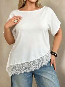 Cévolie Plus Size Women's Lace Patchwork Casual Elegant Versatile Everyday Top Formal Date Night White Summer - White - View 5