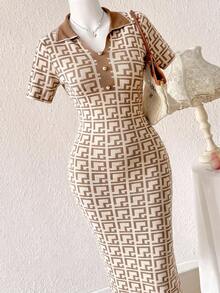 Feyla Plus Size Jacquard Fashion Button Short Sleeve Exquisite Knit Dress - Multicolor - View 4