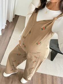SHEIN Maternity Floral Pocket Design Casual Korsett Soft Form Overalls, Summer Family Vacation Formal - Apricot - View 4