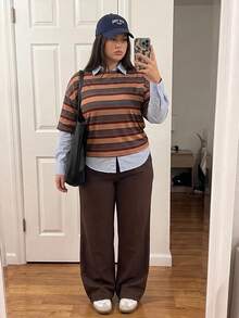 Comfortcana Yellow Solid Color Drop Shoulder Short Casual Plus Size T-Shirt - Brown - View 3