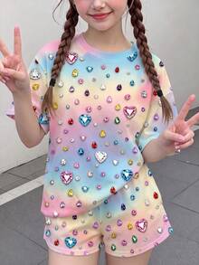 Conjunto de dos piezas para niña joven, estilo casual minimalista, lindo y dulce, con lunares, textura brillante y estampado de corazón, azul cobalto pop, manga corta y shorts, adecuado para verano, cómodo, estilo primavera y verano, gráfico, kawaii - Multicolor - Ver 2