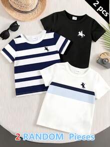 SHEIN 3件組男嬰新款時尚舒適極簡條紋印花短袖上衣，設計Logo印花，春夏風格，適合日常穿著、返校、戶外活動、聚會、度假、街拍、校園生活、節慶活動，送禮佳品 - 彩色 - 查看 1