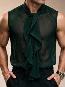 ZURIURI Men's Solid Color Ruffle Sheer Sleeveless Shirt - Dark Green - View 2