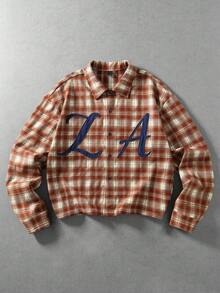 ROMWE MEN 男士格紋字母刺繡單排扣長袖休閒襯衫 - 紅木色 - 查看 1