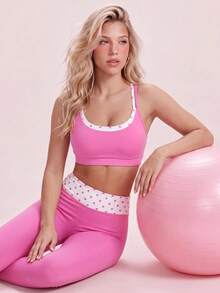 Sovereign Charm Women's Polka Dot Patchwork Camisole & Leggings Sports Set - Hot Pink - View 6
