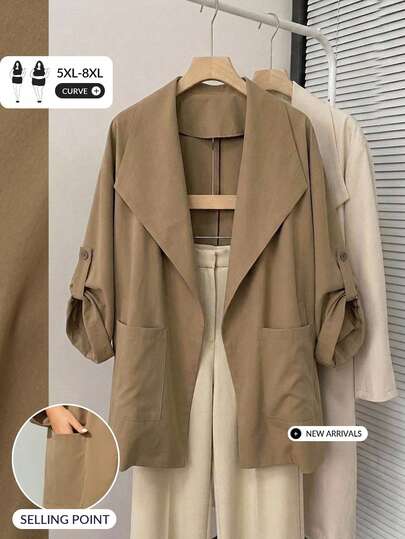 SHEIN CURVE+ Casaco Trench Caqui para Mulher Plus Size, Jaqueta com Bolsos, Corte Largo