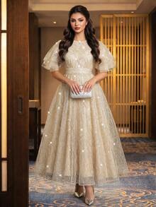Auveirra Plus Size Women's Elegant Champagne Sequin Waist-Cinched Evening Dress For Party And Bridesmaid Sequin Dress Formal Dress Elegant Dresses For Summer - Gold - View 4