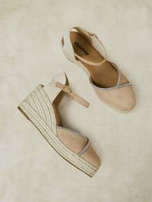 Styleloop 女款楔形厚底鞋，溫柔風格水鑽裝飾包頭楔形涼鞋，度假穿搭旅行必備，復古優雅 - 米色 - 查看 6