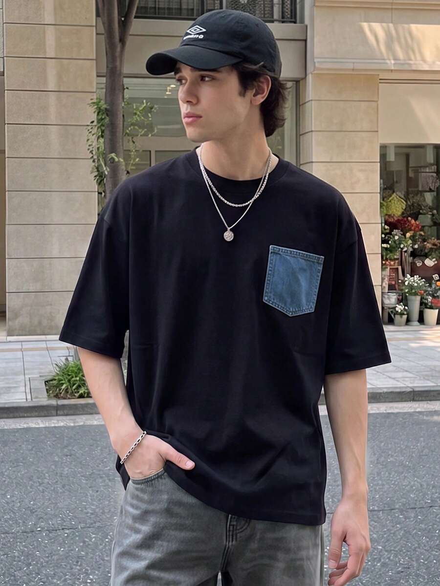 Resyla Men 男士休閒街頭百搭丹寧效果印花圓領短袖T恤,黑色,適合夜店、城市度假、夏季 - 黑色 - 查看 1