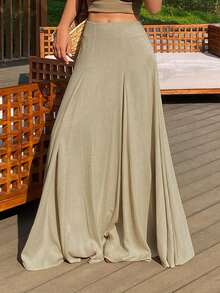 DAZY Women's Solid Color Loose A-Line Skirt, Elegant Resort Wear, Spring/Autumn - Apricot - View 3