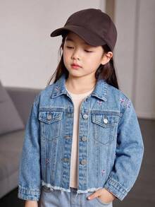 SHEIN 女童秋冬 Y2K 粉色蝴蝶結刺繡藍色牛仔寬鬆夾克，適合女童校服、萬聖節與聖誕節穿搭夾克 - 淺色水洗藍 - 查看 9