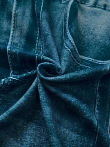 BrightlyHer Plus Denim-Effect & Floral Print Summer Outfits Leggings - Teal Blue - View 8