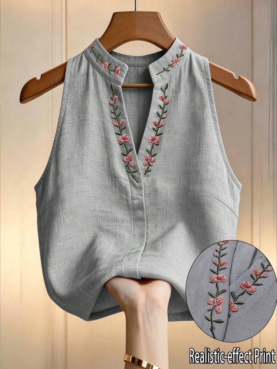 Elouméa 女款花卉刺繡立領無袖上衣,刺繡上衣,女款夏季穿搭,優雅上衣,辦公通勤穿著 - 淺灰色 - 查看 1