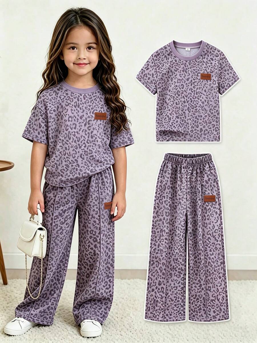 Elladie kids 女童休閒寬鬆落肩豹紋中袖衛衣與運動褲2件套返校穿搭，適合休閒、日常穿著及秋冬學校日常穿著，適用於聖誕節、女童冬季服飾、聖誕穿搭、派對穿著、日常穿著、學校日常穿搭、生日穿搭、公主風穿搭、母女與姊妹套裝，灰色適合小男孩，青少年休閒穿搭，青少年兒童休閒服 - 紫色 - 查看 1