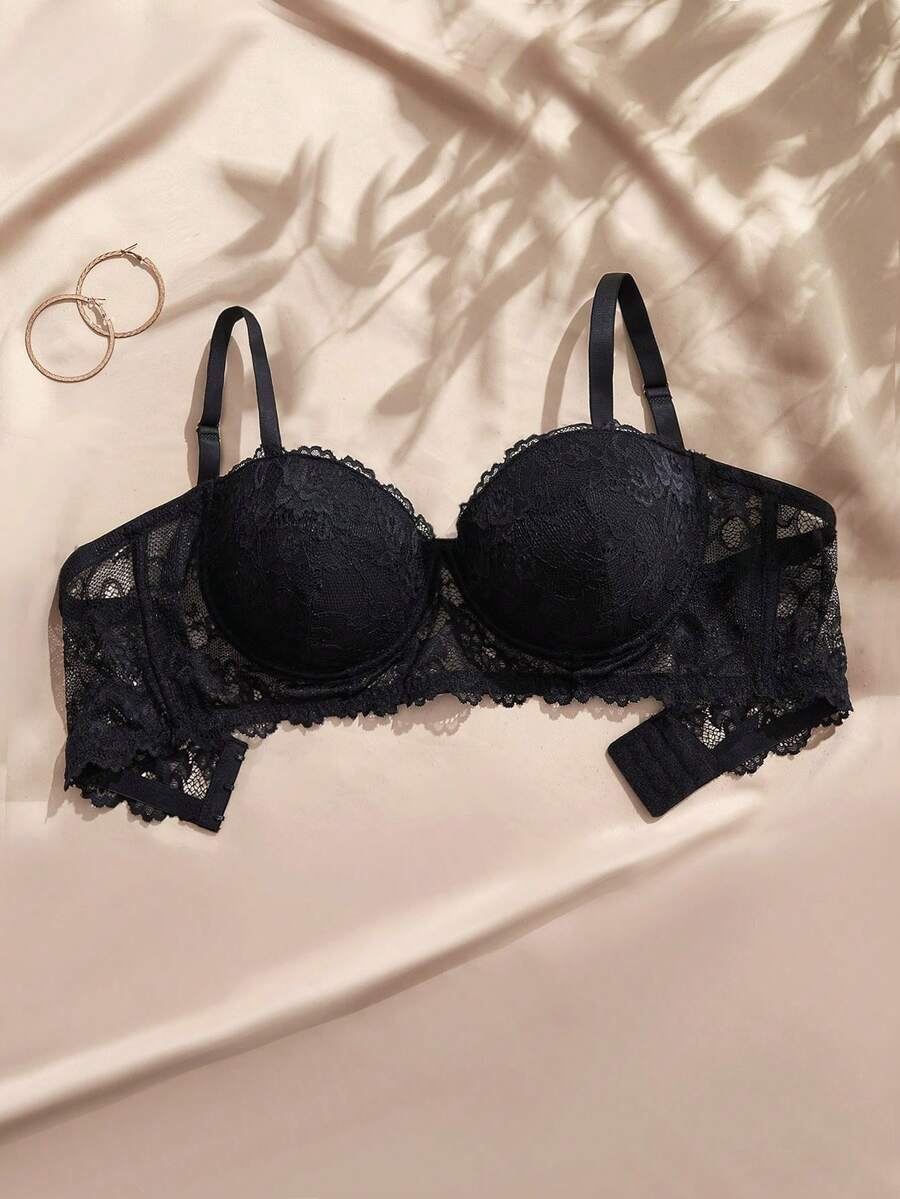 Charlaine Sutiã Sexy de Renda Plus Size com Bojo e Aro, Push-Up, Efeito Minimizador, 1 Peça - Preto - Visão 1