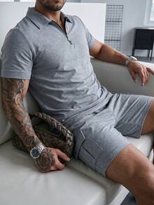 Manfinity Homme Men's Short-Sleeve Half-Zip Polo & Cargo Shorts Set With Slanted And Patch Pockets Solid-Color - Light Grey - View 4