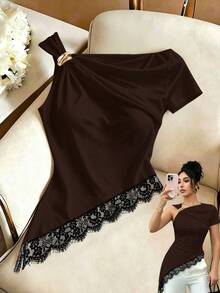 GlowEve Women's Elegant Sexy Lace Asymmetric Neckline 3D Rose Brown Metal Button Embellished Hem Stitching Short Sleeve T-Shirt Dating Night Summer - Brown - View 1