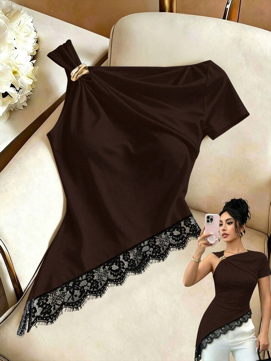 GlowEve Women's Elegant Sexy Lace Asymmetric Neckline 3D Rose Brown Metal Button Embellished Hem Stitching Short Sleeve T-Shirt Dating Night Summer - Brown - View 1