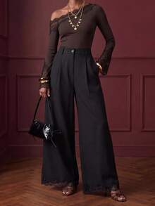 Zivah Women's Solid Color Pocket Pleated Casual Classy Elegant Versatile Wide Leg Pants For Daily Wear Dinner Office Black Autumn - Black - View 2