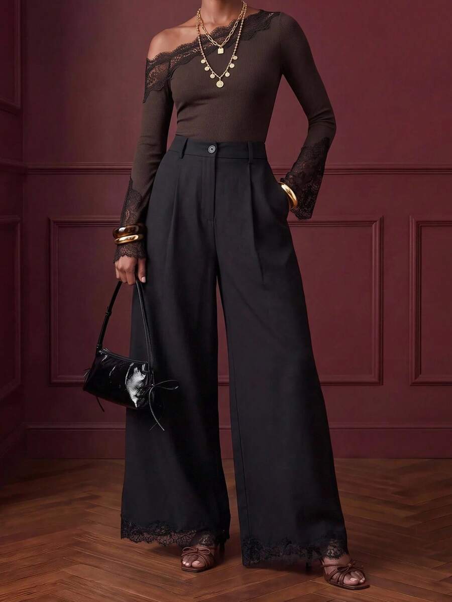 Zivah Women's Solid Color Pocket Pleated Casual Classy Elegant Versatile Wide Leg Pants For Daily Wear Dinner Office Black Autumn