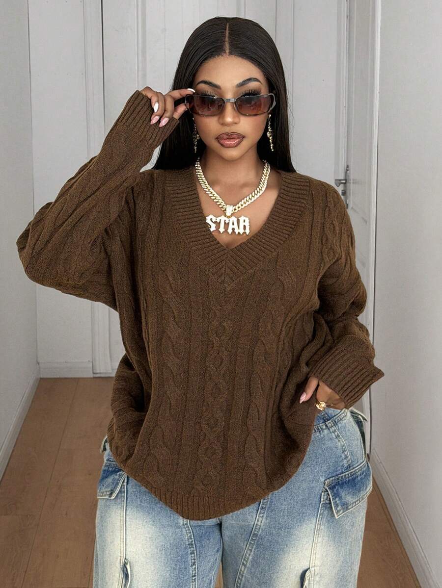 Maweii Plus Size Women's Cable Knit Textured Casual Vintage Fashion Sweater - Coffee Brown - View 1