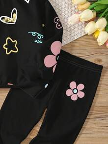SHEIN Leap Crew 2 件套青少年女孩休闲花卉和卡通人物印花圆领长袖运动衫和紧身裤套装，适合秋冬季 - 彩色 - 查看 5