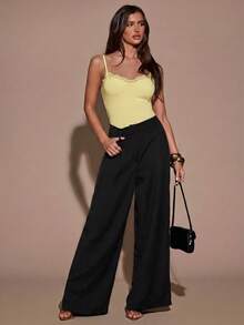 SHEIN BAE 女款素色對比蕾絲時尚細肩帶背心 - 黃色 - 查看 3