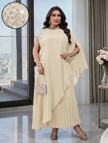 Modelyn Plus Size Women's Faux Pearl Decor Long Top And Pleated Skirt Casual Daily 2-Piece Set - Apricot - View 6