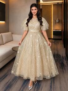 Auveirra Plus Size Women's Elegant Champagne Sequin Waist-Cinched Evening Dress For Party And Bridesmaid Sequin Dress Formal Dress Elegant Dresses For Summer - Gold - View 3