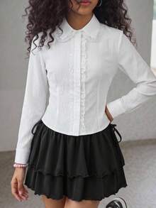 Firerie Kids Firerie Kids 青少年女孩純白色梭織襯衫，蕾絲拼接設計，長袖，休閒返校穿搭，白色校服襯衫 - 白色 - 查看 9