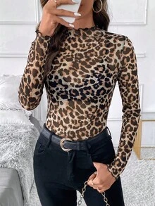 SHEIN Clasi 女款優雅性感豹紋網紗修身上衣，棕色，適合萬聖節外出、夜店、秋季穿著 - 彩色 - 查看 8
