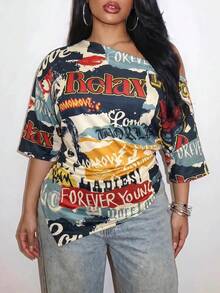 Slaydiva New Summer/Fall Plus Size Women's Asymmetrical Off Shoulder Top/Y2K/Streetwear/Back To School/Going Out/Club/Concert/Party/Chic/NIGHT/Retro Print - Multicolor - View 2