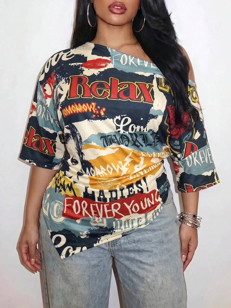 Slaydiva New Summer/Fall Plus Size Women's Asymmetrical Off Shoulder Top/Y2K/Streetwear/Back To School/Going Out/Club/Concert/Party/Chic/NIGHT/Retro Print