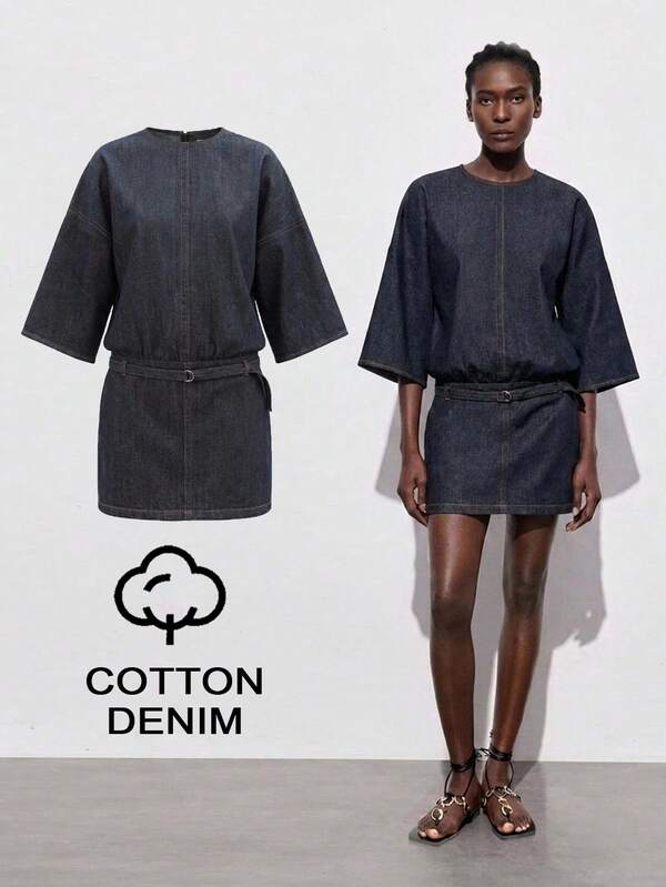 Maija Women's Casual Round Neck Denim Mini Dress, Casual, Holiday Dress For Lady, Summer Outfits, Elegant, Versatile, Party, Date, Festival, Denim Dress.
