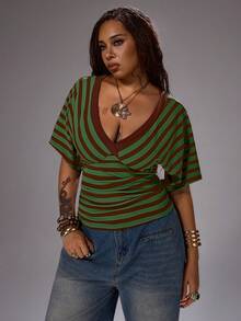 Rustia Plus Size Spring/Summer V-Neck Asymmetrical Striped Short Sleeve T-Shirt - Green - View 1