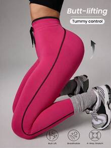 SHEIN Core Rhythm Casual Versatile Contrast Color Black Waist Rope Slimming Black Line Design Sports Leggings - Multicolor - View 1