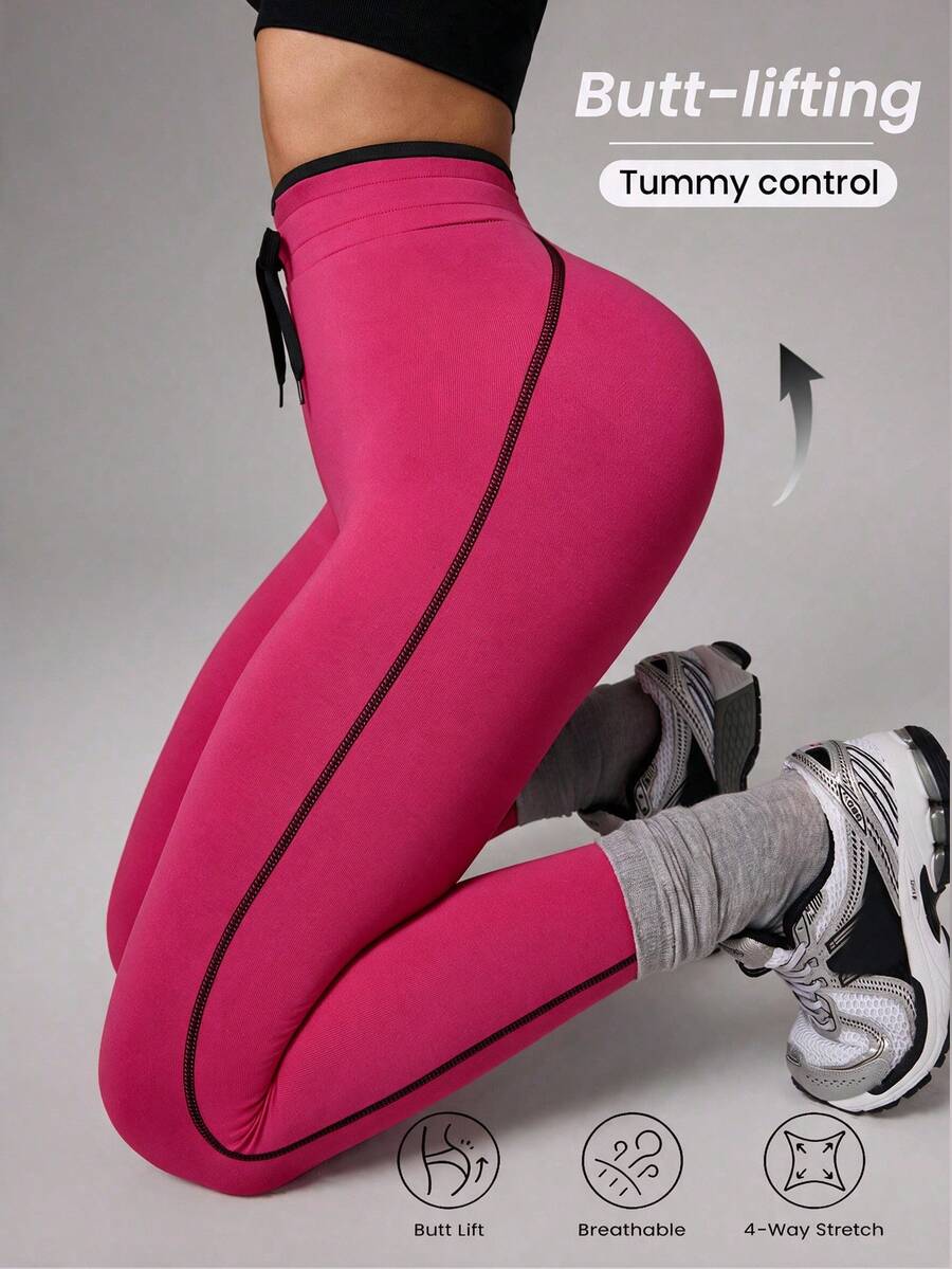 SHEIN Core Rhythm Casual Versatile Contrast Color Black Waist Rope Slimming Black Line Design Sports Leggings - Multicolor - View 1