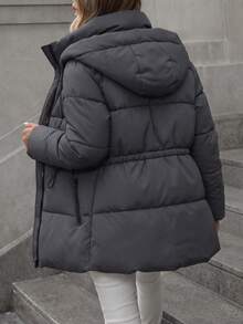 Aveloria Modichic Fashionable Casual Adjustable Waist Plaid Print Hooded Padded Coat Winter - Navy Blue - View 8
