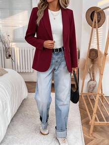 SHEIN LUNE 2024秋冬新款灰綠色女款收腰鈕扣西裝外套，休閒風 - 中紫紅色 - 查看 7